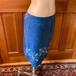 Blue Denim Skirt with Floral Embroidery